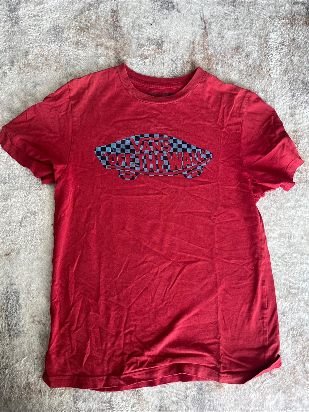 Vans Red Tee with Blue & Black Checkerboard Logo